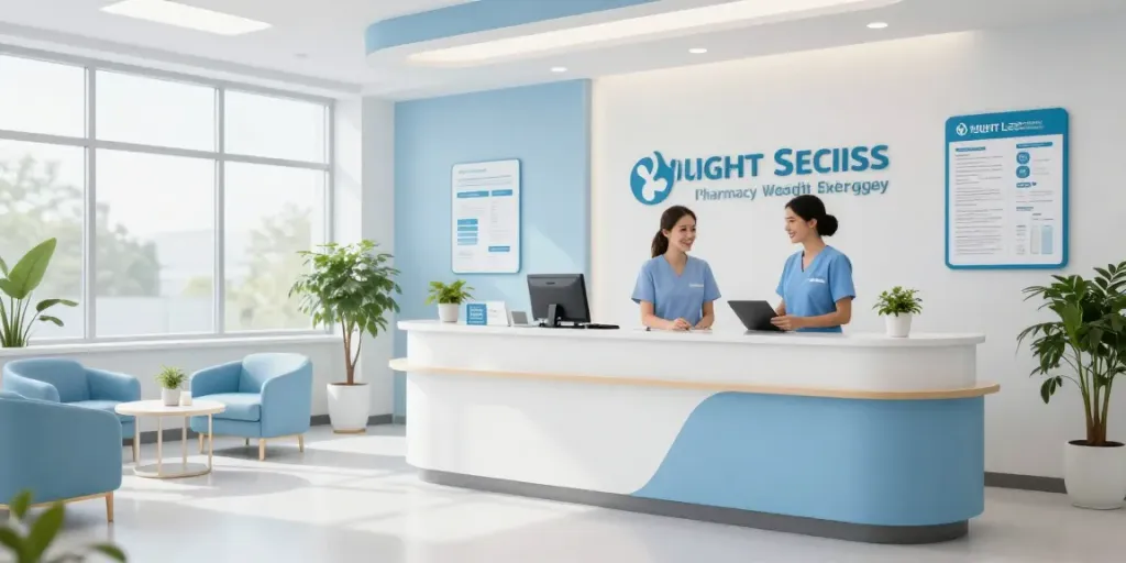 Pharmacy Weight Loss clinic with welcoming reception area, patient care services, and healthcare professionals.