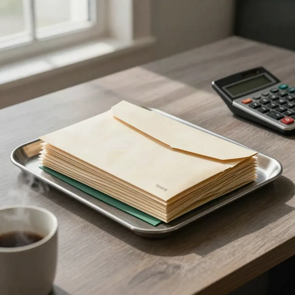 Payroll envelopes and calculator on a compact tray with soft steam and emerald accent.