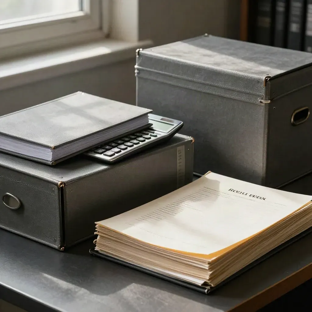Year-end accounts pack with ledgers, archive boxes and calculator on a dark workbench.