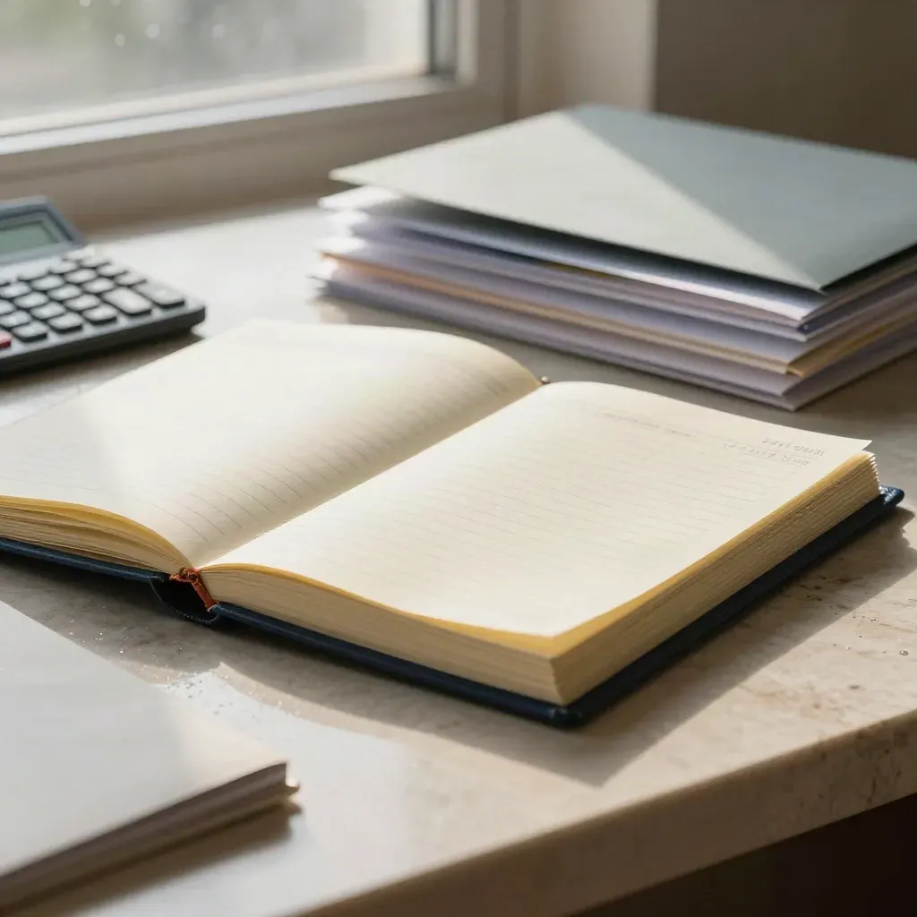 Macro of bookkeeping folders, binder, calculator and payroll envelopes on pale stone.