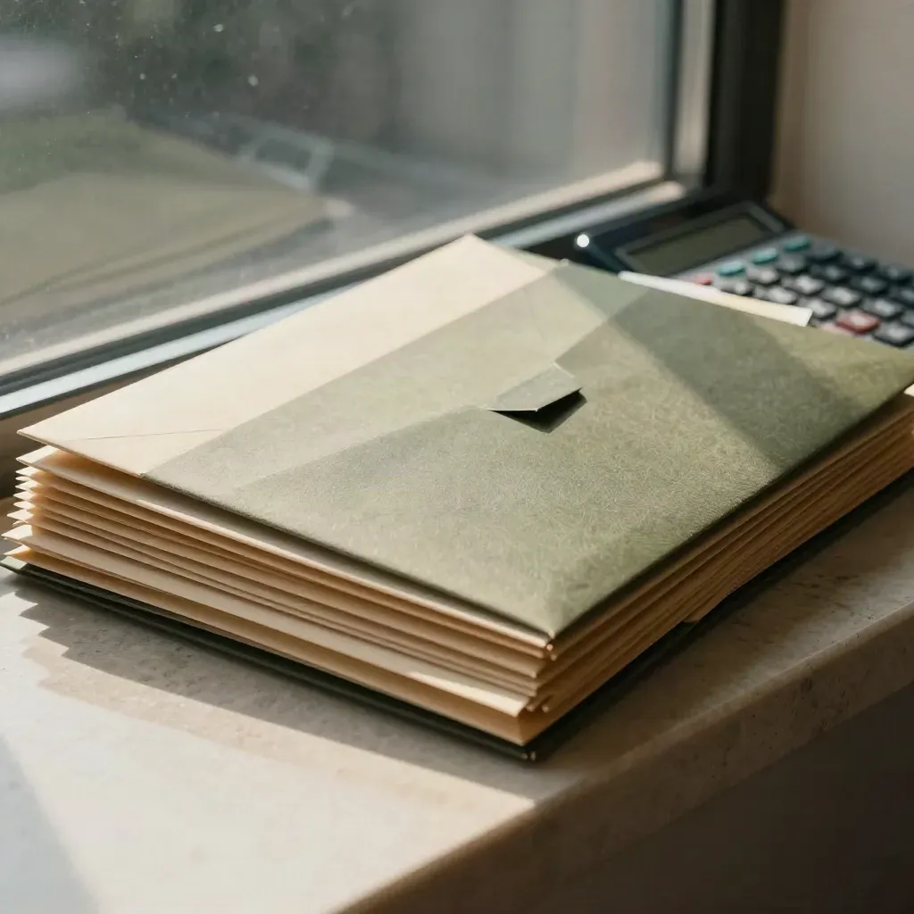 Extreme macro of salary envelopes, dividend folder and calculator on a bright office ledge.