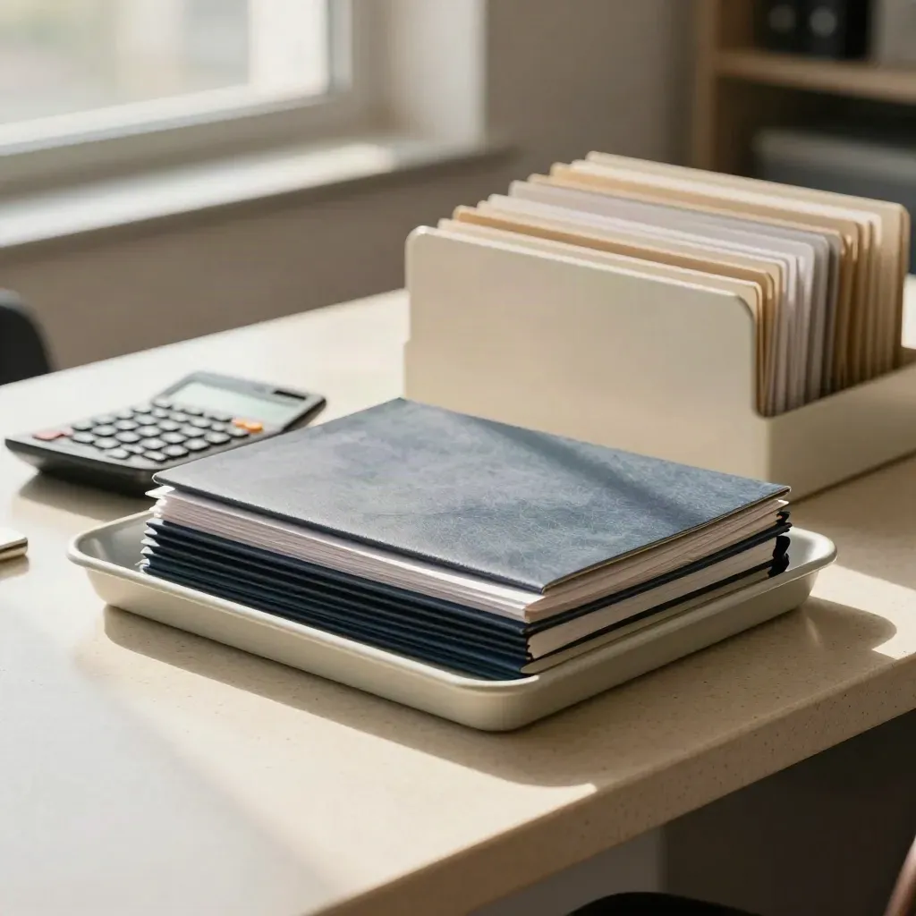 Month-end close file trays, calculator and notebook on a travertine desk in warm window light.