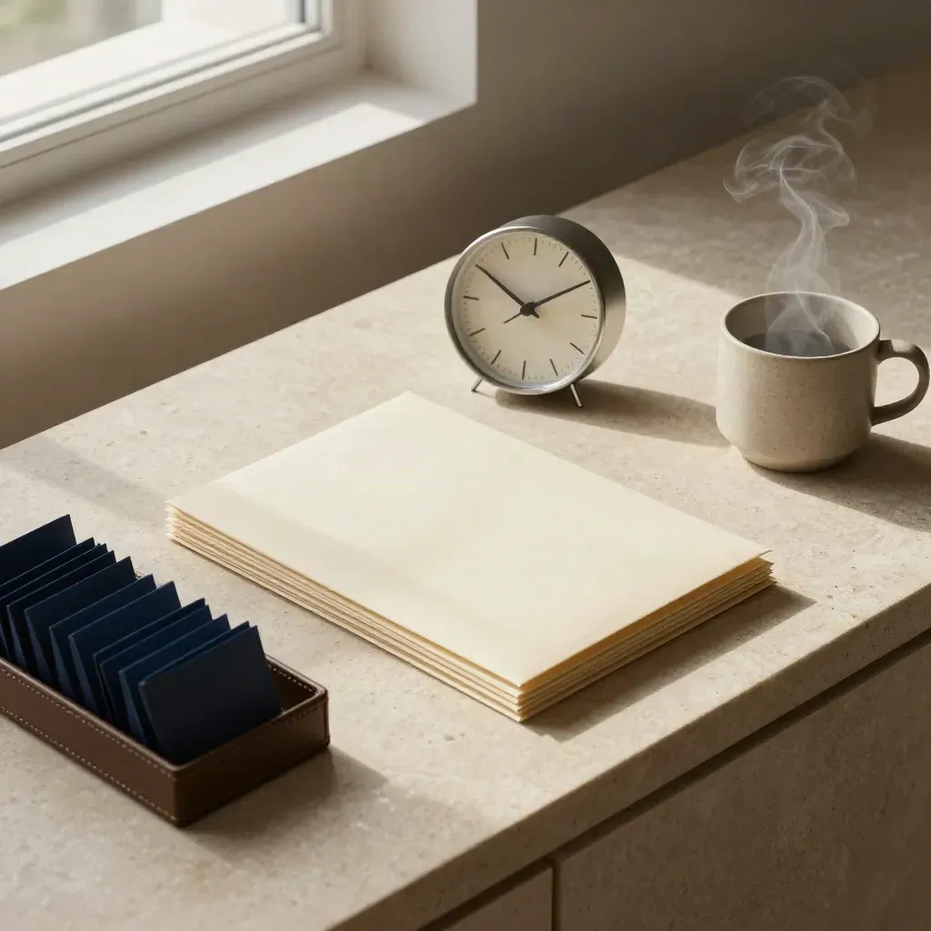Payroll station with clock, sealed envelopes, navy tabs and steam on a limestone credenza.