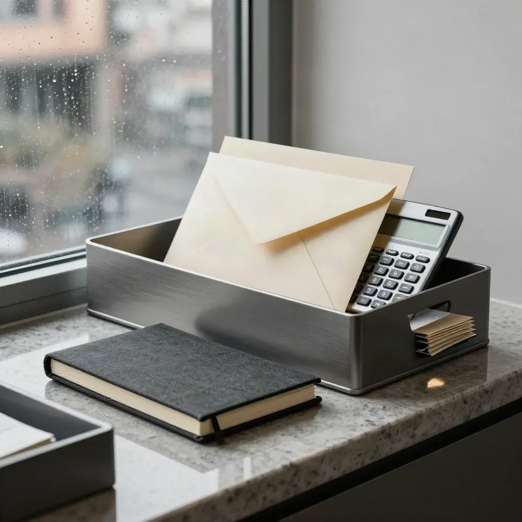 Accounting files, notebook and calculator stacked in rainy office light