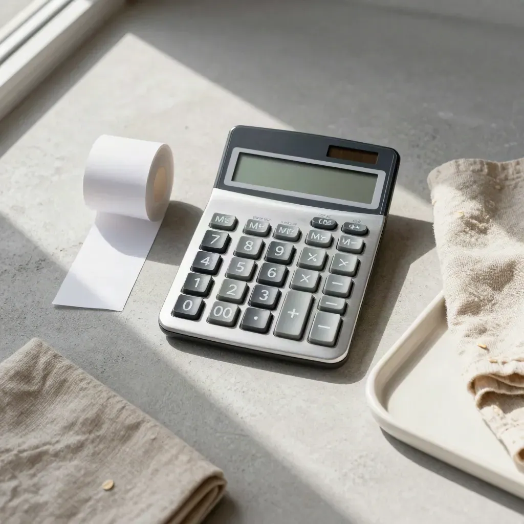 Top-down calculator flatlay with receipt roll, linen cloth and ceramic tray on pale concrete.